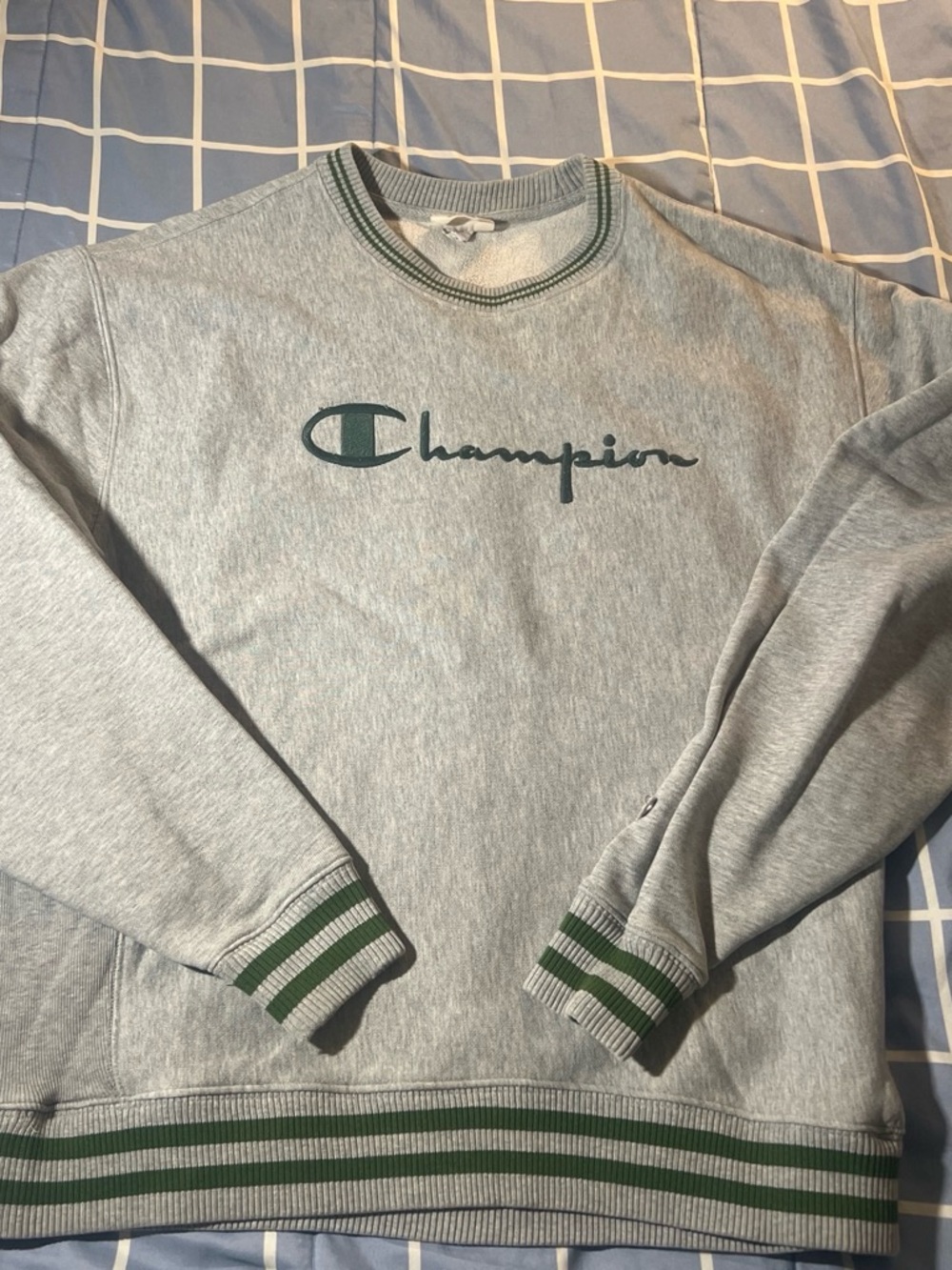 Champion Light Gray Crewneck Sweatshirt with Green Trim